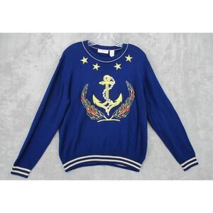 Vintage Liz Claiborne Sweater Large Nautical Anchor Crewneck Sailor Embroidered